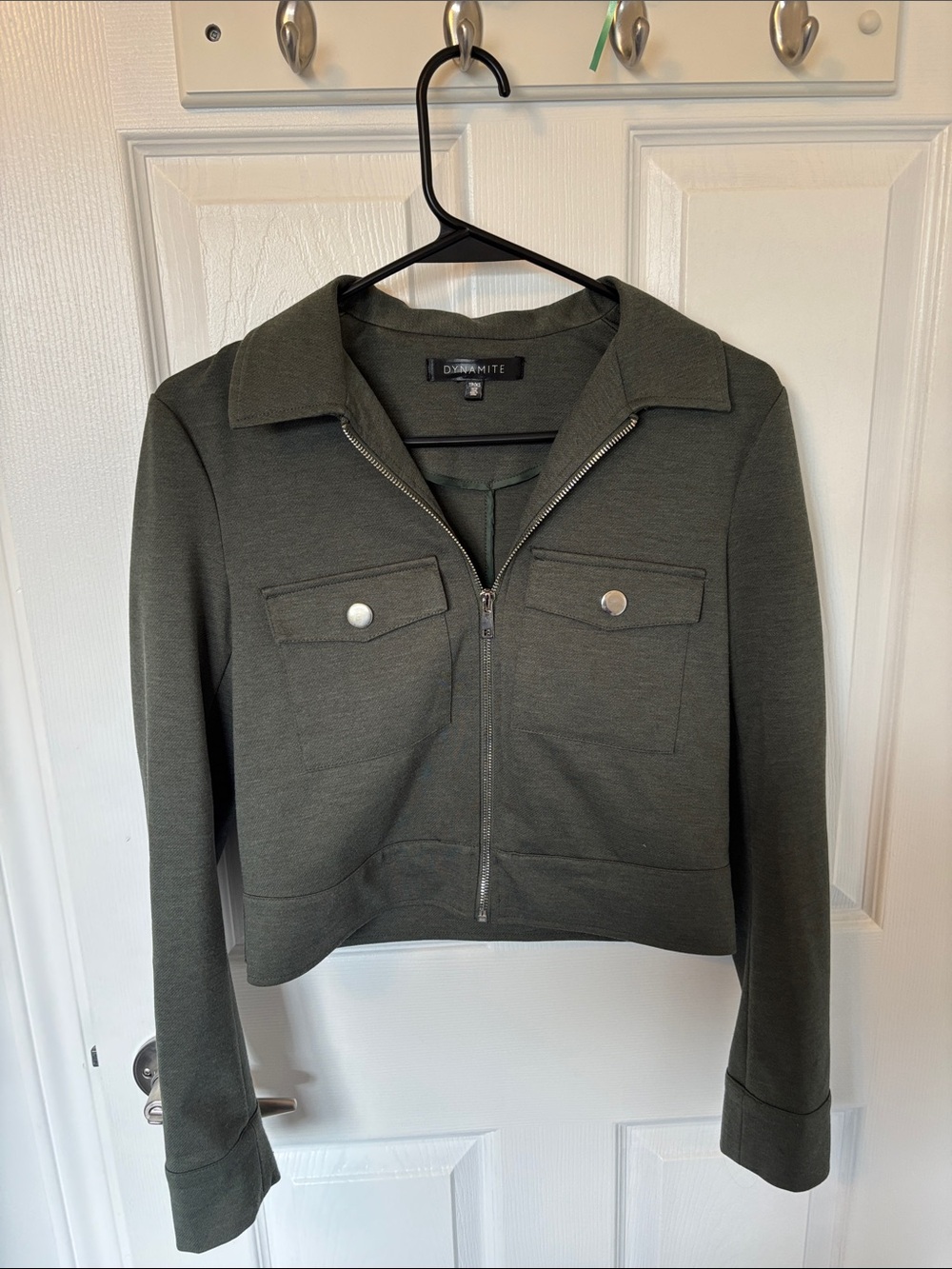 Dynamite Olive Green Zip-Front Cropped Utility Jacket